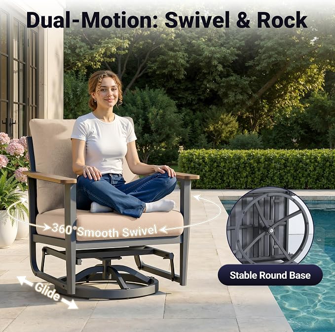 Aluminum Outdoor Patio Furniture Set, 4-Piece Outdoor Sofa with 5.1" Thick Cushions, 2 Swivel Rocking Chairs and 1 Side Table, Outdoor Couch for Backyard, Balcony, Khaki