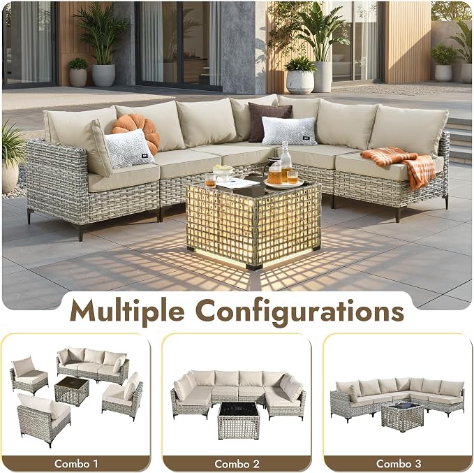 7 Pieces Patio Furniture Set with Solar Light Coffee Table, All-Weather Rattan Outdoor Sectional Conversation Sets L Shaped Sofas with Thick Cushions for Porch Balcony Backyard Beige
