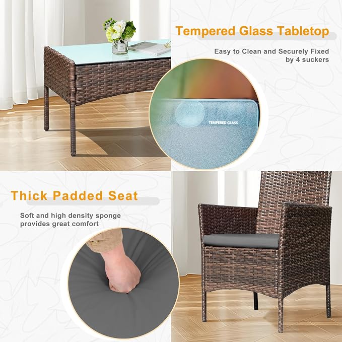 PROHIKER 4 Piece Outdoor Wicker Patio Conversation Furniture Set, Rattan Chair Wicker Sofa Garden Conversation Sets with Cushion and Glass Table for Yard Pool or Backyard, Brown/Dark Gray