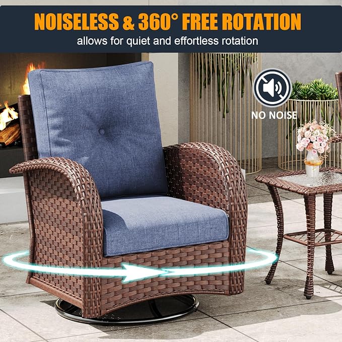 5 Pieces Outdoor Wicker Patio Swivel Rocking Chairs, All Weather Wicker Conversation Set with 44" Fire Pit Table