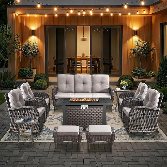 HUMMUH Patio Furniture Set -10 Piece Outdoor Furniture Set with Fire Pit Swivel Rocker Chairs for Porch,Backyard,Poolside