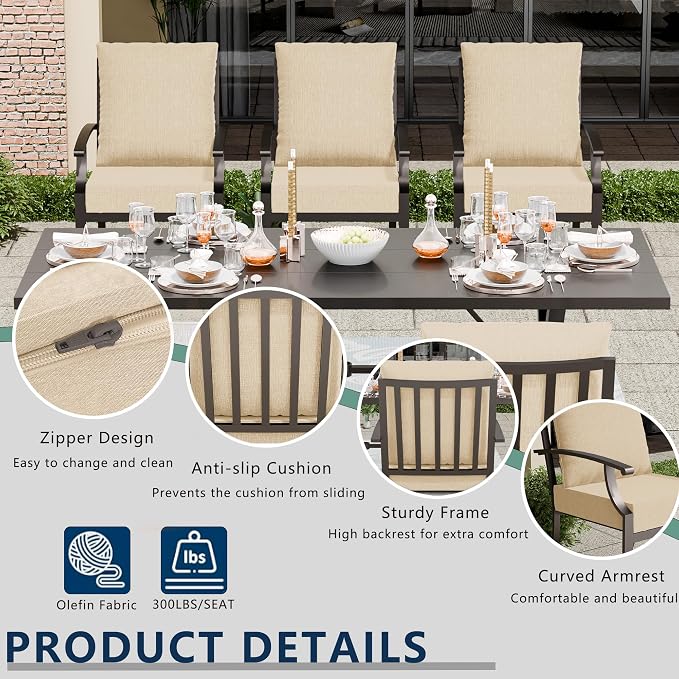 7 Piece Outdoor Dining Set for 6, Metal Patio Table and Chairs with Cushions, Patio Furniture Set with 6 Stackable Chairs, Rectangular Patio Dining Table with Umbrella Hole, Lawn Deck, Yard-Sand
