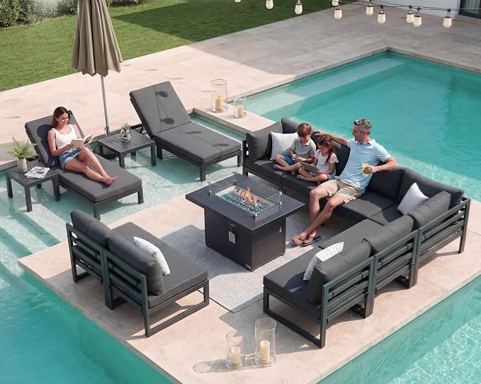 NICESOUL 13 Pcs Large Contemporary Aluminum Outdoor Furniture Set with Chaise Lounge & Fire Pit Table, 29" Deep Wide Couch Set, 500 lbs Heavy Duty Comfy Patio Sectional Sofa for Poolside, Dark Gray