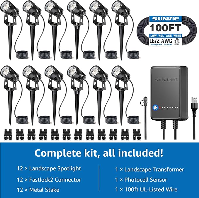 SUNVIE All-in-One LED Low Voltage Landscape Lighting Kit Dusk to Dawn 12PCS | 3000K Landscape Lights with Transformer Connectors 100FT Wire, Waterproof Low Voltage Landscape Lights for Garden Yard House