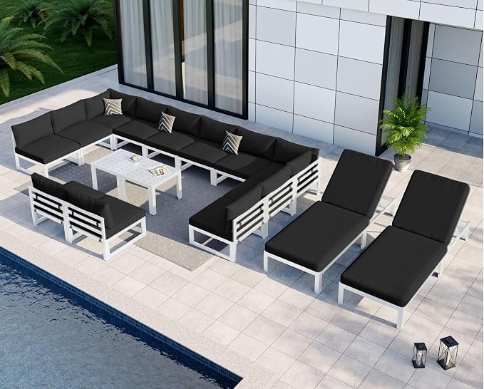 NICESOUL 16 Piece Luxury Aluminum Outdoor Sectional Sofa with Chaise Lounge, Oversized Modular Patio Furniture Set, 29" Deep Wide Seating, 500 lbs Heavy Duty Conversation Set for Backyard, Black