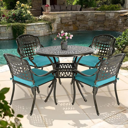5-Piece Outdoor Patio Dining Set, All-Weather Cast Aluminum Patio Furniture Set for Backyard Garden Deck with 4 Chairs, 4 Cushions and 35.4" Round Table, 2" Umbrella Hole, Blue