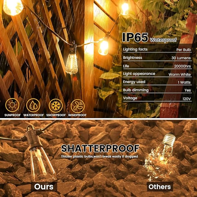 Zuske Outdoor String Lights, 200FT Patio Lights with 100 Shatterproof ST38 Globe Bulbs(4 Spare), Waterproof Connectable Dimmable LED Hanging String Lights for Outside Backyard Porch Balcony(100FT x 2)
