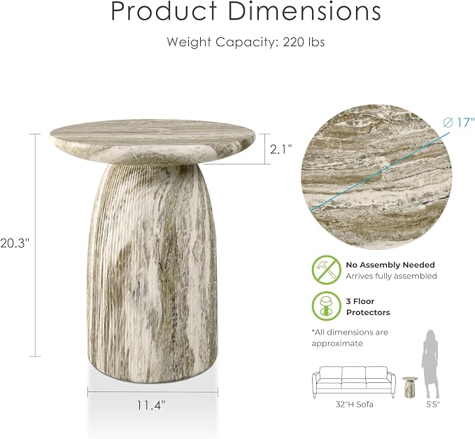 24/7 Shop at Home Ranera Modern 17-inch Natural Stone Side Table with Round Pedestal Base, Marble Nightstand, Fluted Patio End Table, for Living Room, Covered Outdoor Spaces, Balcony, Gray Travertine
