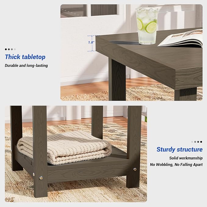 2-Tier HDPE Outdoor Square Side Table, Heavy-Duty Patio Side Table with Storage Shelf, Weather-Resistant Adirondack End Tables for Backyard, Pool, Porch, Garden, Lawn, Brown