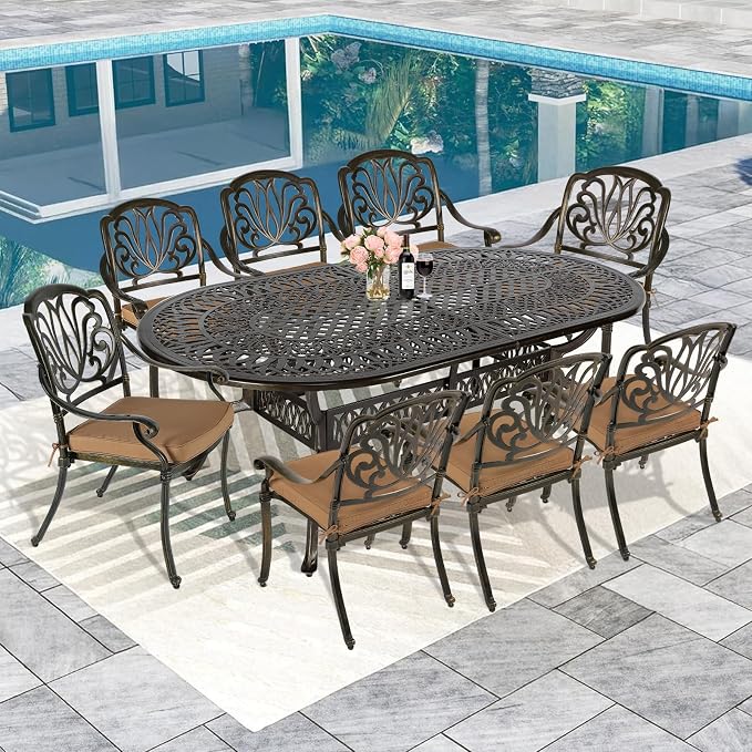 MEETWARM 84"x44" Cast Aluminum Patio Dining Table, Weather-Resistant Large Outdoor Dining Table for 8 Person, Patio Furniture Oval Table with Umbrella Hole and Adjustable Foot Pads, Dark Bronze