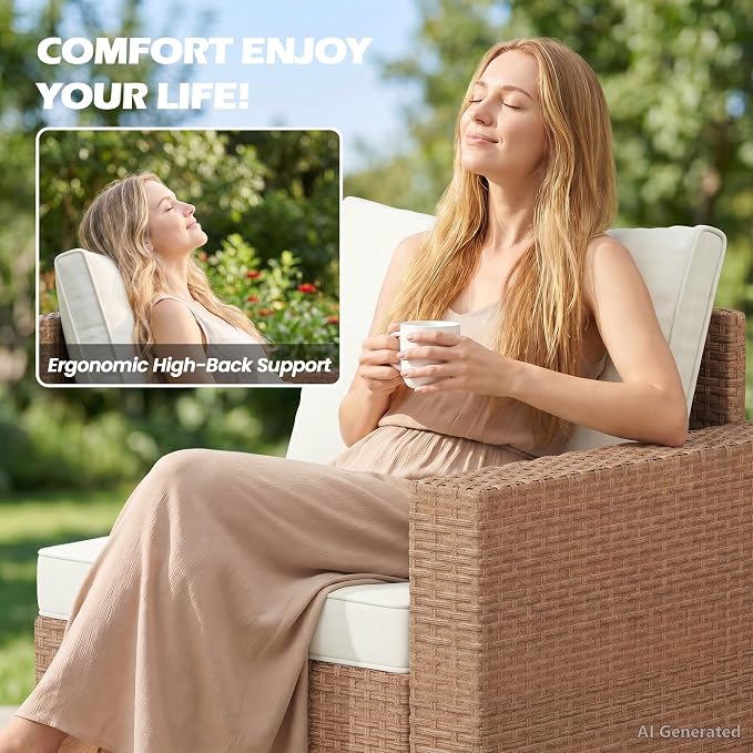 Vikiullf 5 Pieces Patio Furniture Set, Wicker Outdoor Conversation Set, Patio Sectional Sofa with 4" Thick Cushions, for Backyard, Poolside, Garden (Beige)