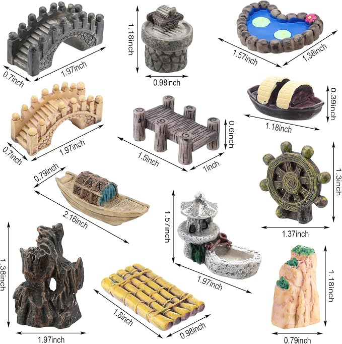 Meooeck 24 Pcs Miniature Garden Accessories Mini Fairy Bridge Figurines Pond Garden Decor Micro Landscape Lighthouse Water Well Ornament for Yard DIY Craft