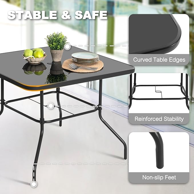 NUU GARDEN 5-Piece Patio Dining Set, Square Metal Table & Stackable Chairs | 31.5-inch square bistro table with built-in umbrella hole. 4 stackable lawn chairs with black and blue design