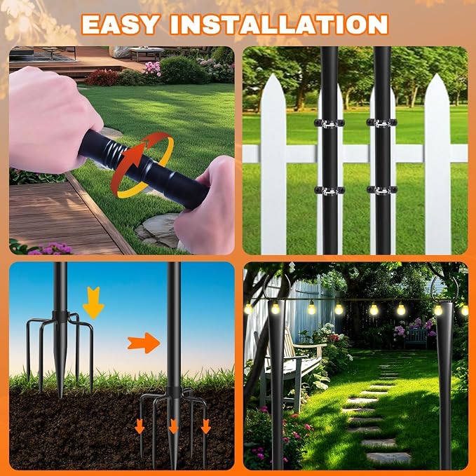 4 Pack 10Ft String Light Poles, Metal Poles with Fork for Outside Lights, Outdoor Metal Light Stand with Fence Brackets Hanging Lights for Garden Patio Wedding Backyard