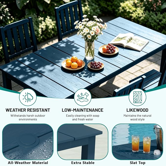 PLUUV 7-Piece Outdoor Dining Set – HDPE Patio Furniture with Umbrella Hole Table, Aluminum Legs, and 6 Armless Chairs, Weatherproof & Easy-Clean for Backyard, Garden, Navy Blue