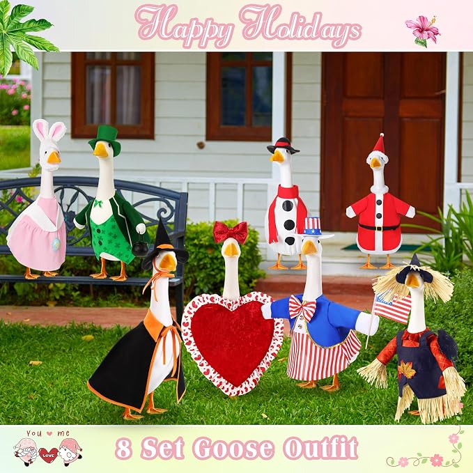 FuWeave 8 Set Holiday Porch Goose Outfits 17'' Goose Clothes Summer Fall Halloween Christmas Winter Thanksgiving Valentine St. Patrick Easter 4th of July Lawn Porch Geese Costume for Patio Yard Decor