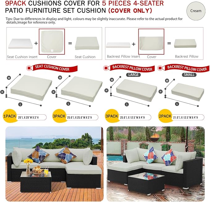 No Stretch,9Pack Outdoor Cushion Covers for 5Pcs 4-Seater Patio Furniture | 600D Oxford Cloth,Patio Sectional Sofa Chair Couch Seat Cushion and Pillow Slipcovers Replacement,Cream-Covers Only
