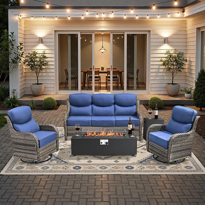 HUMMUH Luxury Patio Furniture Set 6-inch Thick Cushions High Back Swivel Rocker Chairs & 3 Seater-Couch & Steel Fire Pit Table 5 Pieces Outdoor Conversation Set for Porch,Deck,Backyard