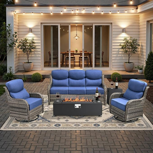 HUMMUH Luxury Patio Furniture Set 6-inch Thick Cushions High Back Swivel Rocker Chairs & 3 Seater-Couch & Steel Fire Pit Table 5 Pieces Outdoor Conversation Set for Porch,Deck,Backyard