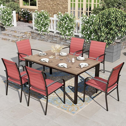 HERA'S HOUSE 7pc Outdoor Patio Dining Set, Wood-Look Metal Table, Red | 64" rectangular table with umbrella hole, 6 textilene chairs. Waterproof, rust-resistant, all-weather for backyard, porch