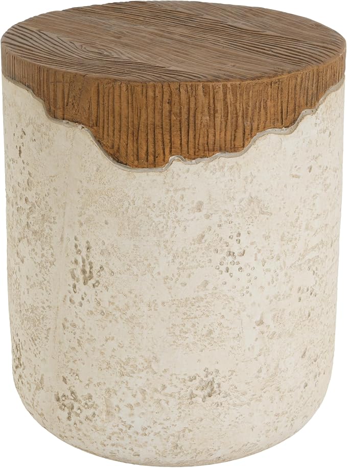Merax Outdoor Patio Side Table, Modern MGO Round Accent End Table with Beige Textured Base & Faux-Wood Grain Top, Sculptural Design, 19" Height Side Table for Poolish Garden Balcony