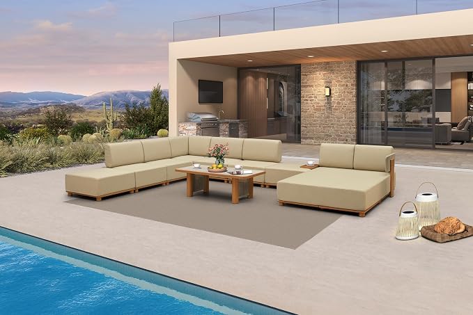 PURPLE LEAF Patio Furniture Set Modular U-Shaped Outdoor Sectional Sofa with 11" Thick Cushion 9-Piece Outdoor Conversation Set w/Daybed & White Lights for Backyard Ottomans & Table Included, Beige