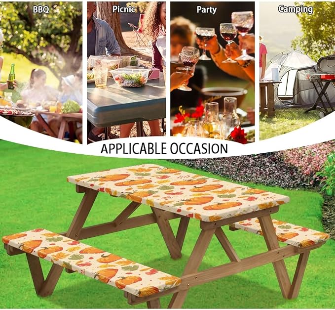 Fall Picnic Table Cover Fitted Picnic Table Cover with Bench Covers Picnic Table Cover Set of 3 Camping Rectangular Tablecloth Suitable for Family Gatherings Vacations Outdoor
