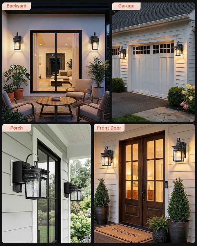 Gleamz 2 Pack Black Outdoor Wall Lights with GFCI Outlet, Dusk to Dawn Outdoor Lighting with Water-Ripple Glass, Anti-Rust Porch Lights for House, Garage, or Patio, 100% Aluminum, Waterproof