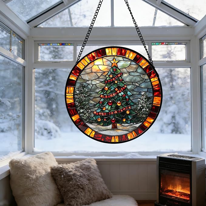 DASTOLL Stained Glass Window Hanging - Winter Christmas Tree Suncatcher Ready to Hang Window Doors Home Decoration, Christmas, Mother's Day Birthday Gifts for Women, Men, and Mom 6.3x6.3 in
