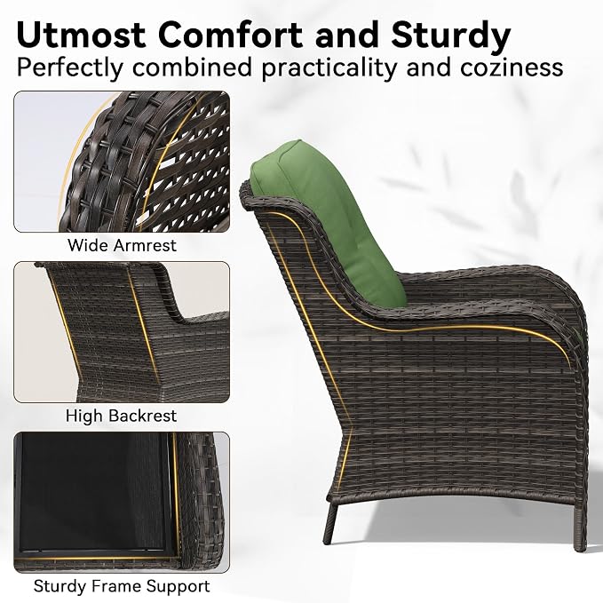 4 Piece Outdoor Wicker Patio Furniture Set, Patio Chairs Set of 4 with Thickened Olefin Cushions, High Back and Deep Seating, Hand-Woven PE Rattan for Porch, Deck, Green