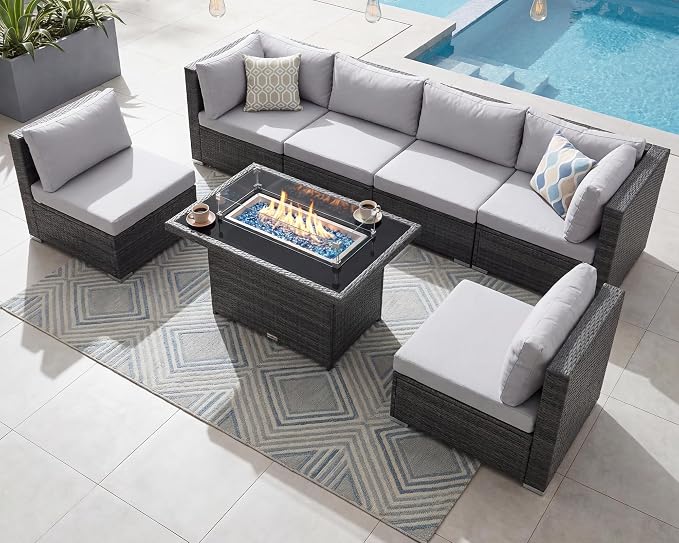RADIATA 7 Piece Wicker Patio Furniture Set with Fire Pit, All-Weather Outdoor Sectional Couch High Back Large Size, Modular Backyard Seating Sofa Set with Propane/Natural Gas Firepit Table, Light Grey