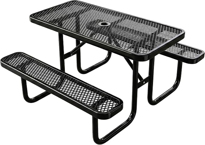 4ft Rectangular Picnic Table – Heavy-Duty Metal Mesh Outdoor Dining Table, Thermoplastic Coated Steel, Outdoor Living, Parks & Schools (Black, 4ft)