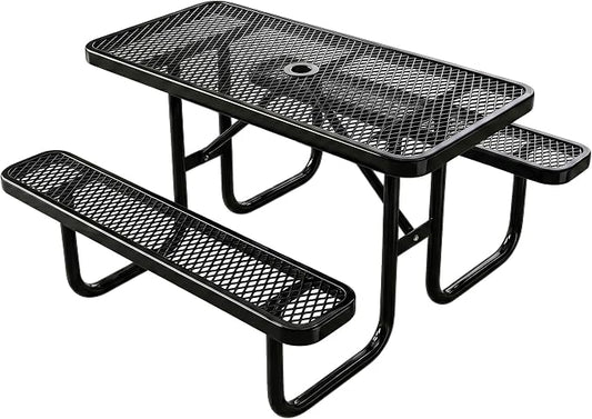 4ft Rectangular Picnic Table – Heavy-Duty Metal Mesh Outdoor Dining Table, Thermoplastic Coated Steel, Outdoor Living, Parks & Schools (Black, 4ft)