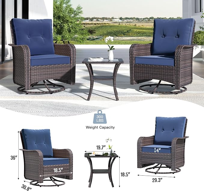 Kullavik Outdoor Swivel Chairs Set of 2,Patio Wicker Rocker Chairs with 4" Thick Cushions and Side Table,Patio Conversation Furniture Set for Patio Porch Deck Backyard,NavyBlue