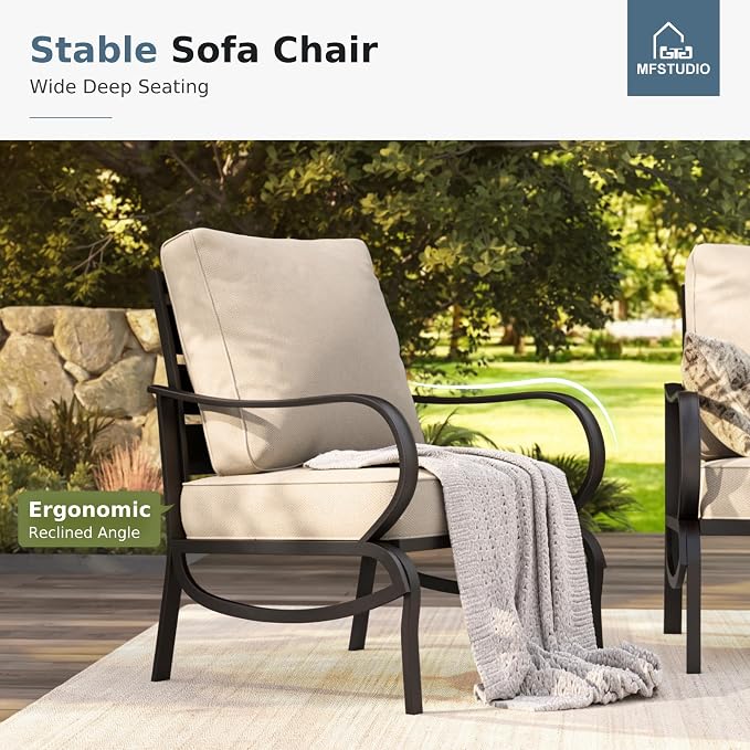 MFSTUDIO 4 Pieces Patio Conversation Sets, All Weather Metal Frame Outdoor Furniture Set Patio Sofas with 1 x 45 Rectangular Propane Fire Table, 1 x 3-Seat Sofa, 2 x Sofa Chairs, Beige Cushion