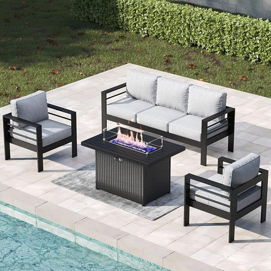 4 Pieces Aluminum Outdoor Patio Furniture Set with Fire Pit Table, Modern Metal Conversation Sofa Set with Deep Seating