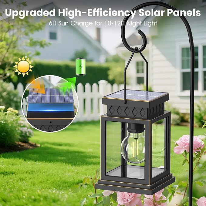 2 Pack Farmhouse Solar Lanterns ,Glass Solar Lights Bulb ,Outdoor Waterproof Upgraded Solar and 2 AA Batteries Powered, for Outside Porch, Patio and Indoor Tables, Mantelpiece.