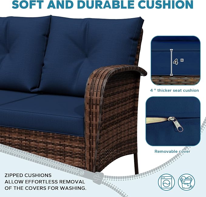 3 Pieces Conversation Furniture Set of Patio Swivel Rocking Chairs and End Table, Wicker Rattan Outdoor Set with Washable Cushions for Backyard, Poolside, Sunroom (Navy Blue)