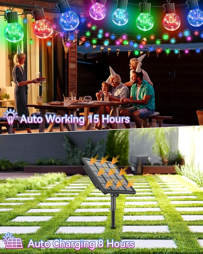 FREECUBE 50FT Solar String Lights Outdoor Waterproof, 25LEDs G40 Globe Shatterproof Bulbs,Warm White & Multicolor,8 Modes,Timer, Solar Powered Patio Lights for Backyard, Porch, Garden, Wedding Decor