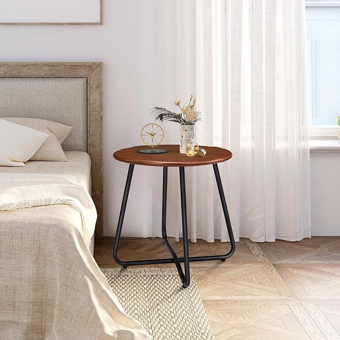 Outvita Indoor and Outdoor Side Table, Small Patio Side Table, Metal Round Portable Waterproof Weather Resistant End Table for Patio, Garden, Balcony, Yard, Wood Grain Color, Set of 2