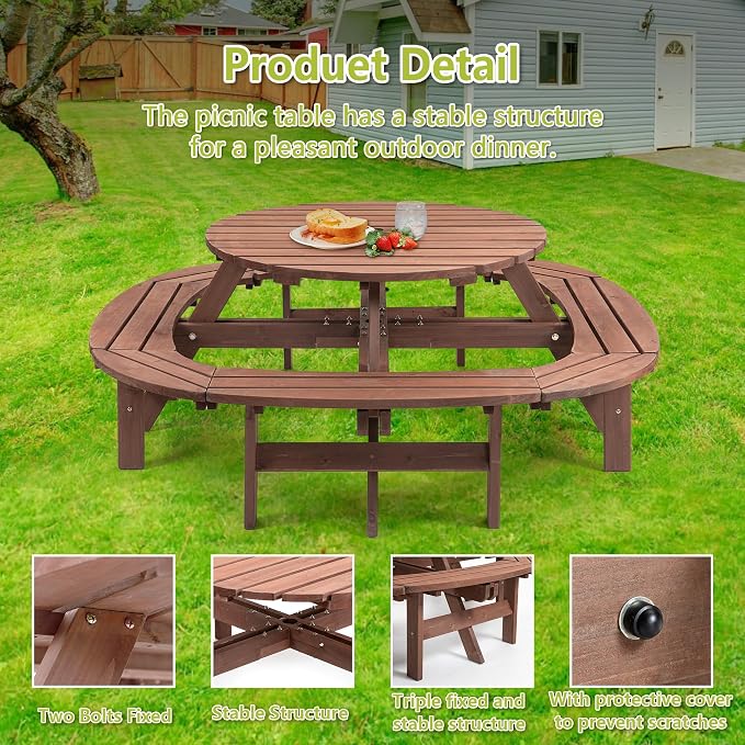 8-12 Person Outdoor Round Wooden Picnic Table with 8 Built-in Benches, Umbrella Hole, Outside Table and Bench Set for Garden, Backyard, Porch, Patio and Deck