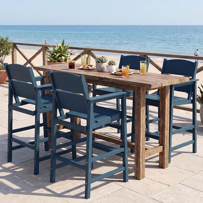 6 Pack Outdoor Bar Stools, HDPE Patio Bar Chairs with Armrests & Footrest, Weather Resistant All-Weather Counter Height Chairs for Outdoor Deck, Backyard, Poolside,Blue
