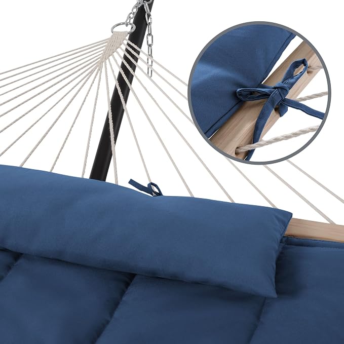 SUNCREAT Double Portable Rope Hammock with Stand Included, Outdoor Two Person Hammock with Polyester Pad, Navy