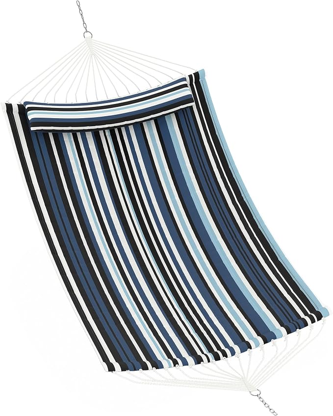 Garvee 2 Person Outdoor Hammock with Stand, Cotton Rope Hammock with Polyester Pad, Arc-Shaped Adjustable Steel Frame, 2-in-1 Hammock for Patio, Backyard, Garden, Beach （Dark and Light Blue Stripes）