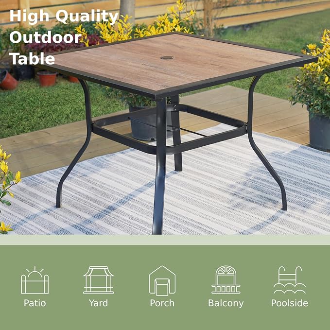 PHI VILLA 37" Square Patio Dining Table Outdoor Furniture Table for Backyard Bistro Garden Deck, Imitation Wood Table Top, 1.57” Umbrella Hole