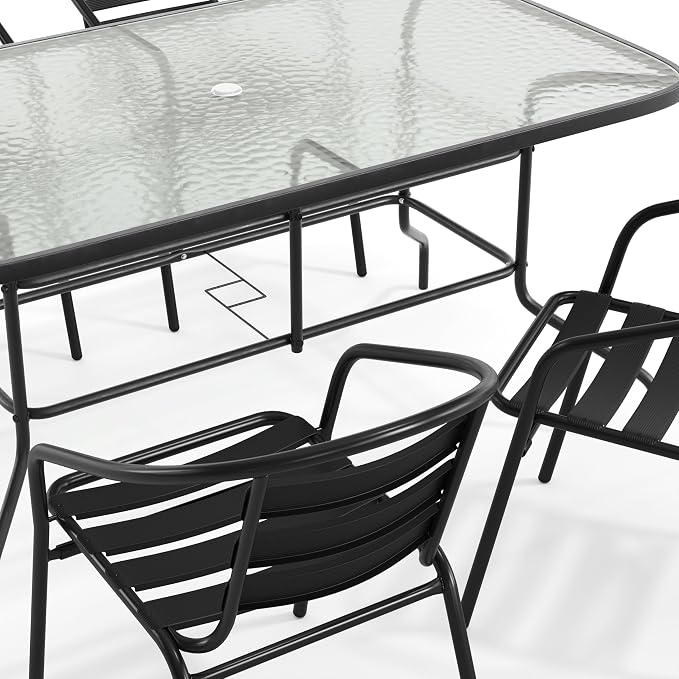 Flash Furniture Lila 5 Piece Patio Dining Set - 55" Tempered Glass Patio Table with Umbrella Hole - 4 Black Metal Aluminum Slat Stack Chairs