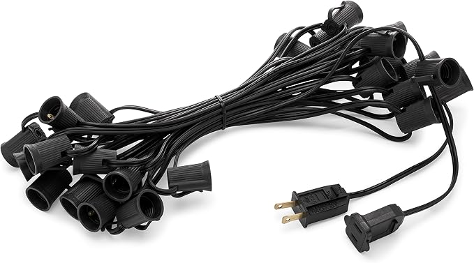 Holiday Lighting Outlet C9 Christmas Light String, Patio Event Lighting, Black Cord, 12" Socket Spacing, E17 (25')