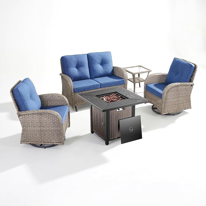 5 Piece Patio Furniture Set with Fire Pit Table - Wicker Patio Conversation Set with Swivel Glider, Glider Loveseat, Tempered Glass Side Table for Deck Backyard - Grey Wicker Blue Cushion