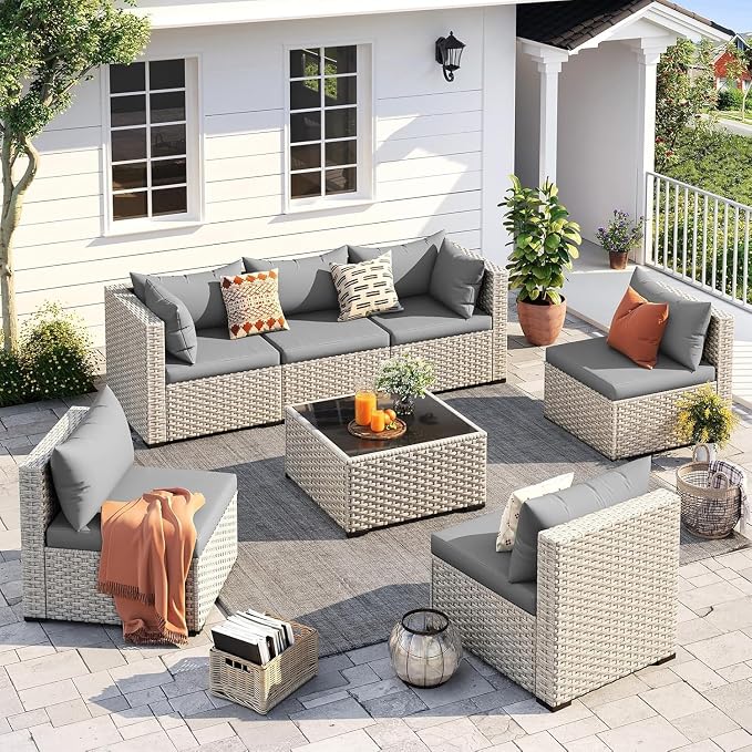 7-Piece Outdoor Patio Furniture Set with PE Wicker Sectional Sofa and Tea Table, Weather-Resistant Outdoor Conversation Set for Patio, Garden, Backyard Lounge Area(Gray2)