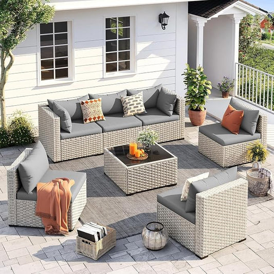 7-Piece Outdoor Patio Furniture Set with PE Wicker Sectional Sofa and Tea Table, Weather-Resistant Outdoor Conversation Set for Patio, Garden, Backyard Lounge Area(Gray2)